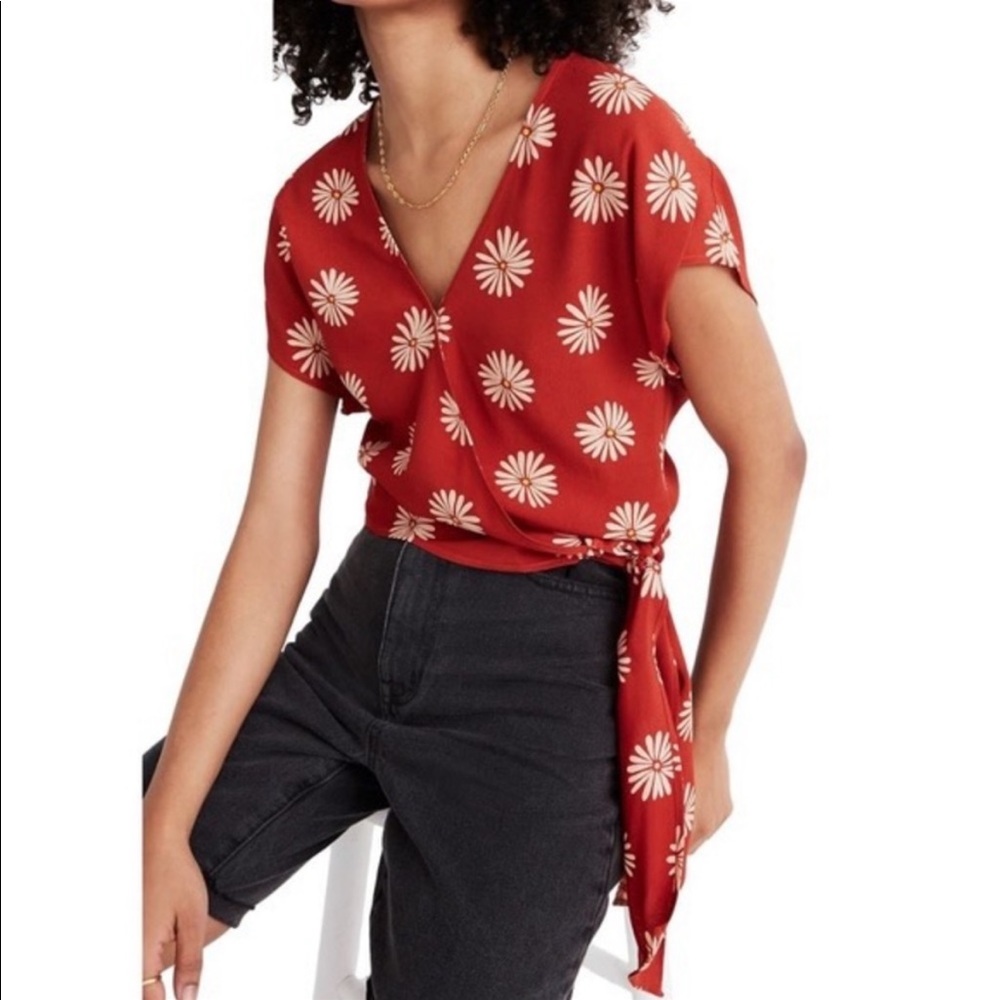 Madewell Orange Floral Wrap Shirt